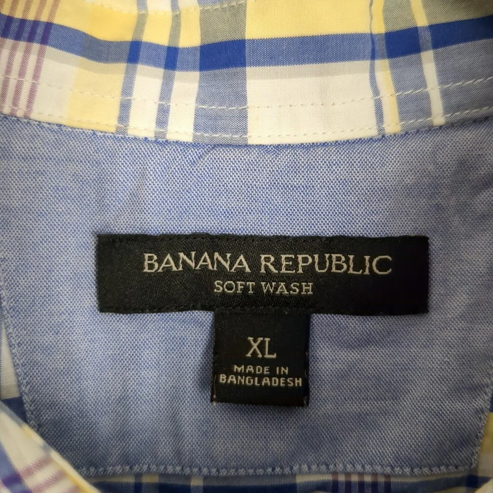 Banana Republic Soft Wash Mens‎ XL Plaid Button Down Shirt Blue Purple Yellow
